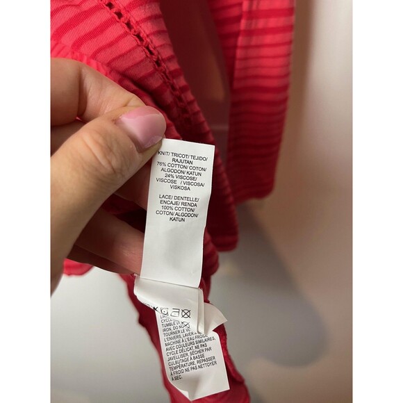 Lucky Brand Shirt Womens Small Red Stripe Lace Crochet Boho Tunic Top 3/4 Sleeve - Picture 3 of 6